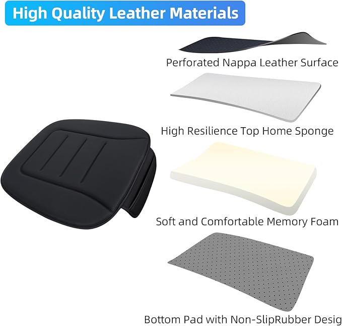 KAYI Car Seat Cushion, Comfort Memory Foam Car Cushions for Driving, Breathable Leather Surface with Anti Slip Rubber Bottom, Seat Cushion for Car and Office Chair (2 Pack, Black)