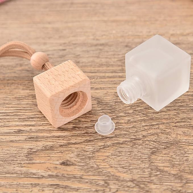 8ml Car Hanging Perfume Air Freshener Diffuser,Empty Frosted Glass Perfume Vials Diffuser,Thick Square Ornament Fragrance Container With Wooden Caps & Hanging String,FREE Funnel,Dropper-Pack of 10