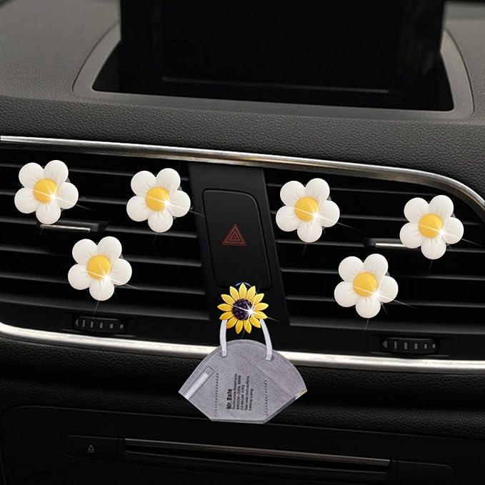 Cute Daisy Air Vent Clips, 6 Pcs Flower Car Air Fresheners Vent Clips Car Diffuser Vent Clip Charm Decoration for Women Cute Interior Decor Accessories + Sunflower Mask Hook (White)