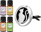 Wild Essentials Pretty Kitty Cat Essential Oil Car Vent Diffuser Kit With Lavender, Lemongrass,Peppermint, Orange Oils, Stainless Steel Locket, 8 Refill Pads, Customizable Color Changing Air Freshener