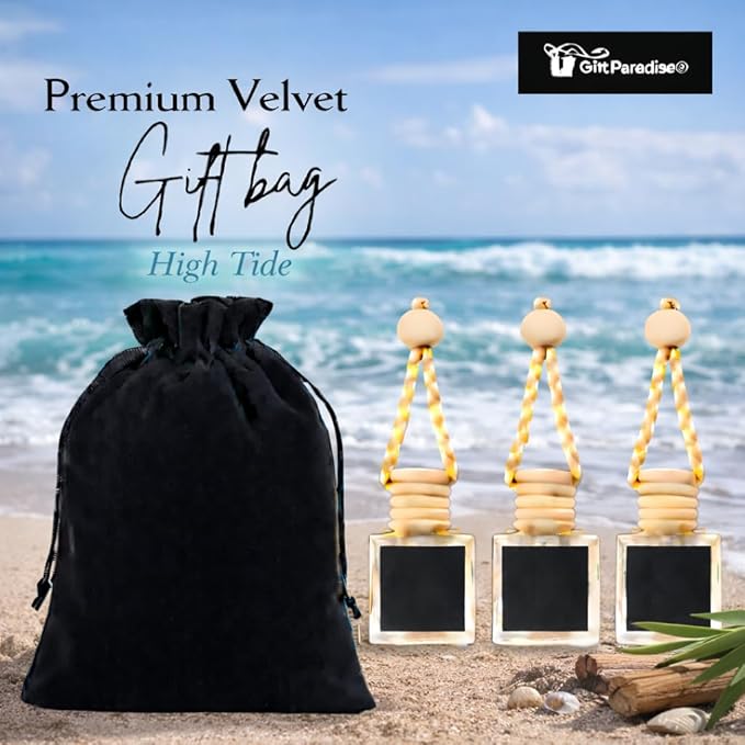Gift Paradise® Car Air Freshener with Wooden Box – High Tide Scent | Hanging Diffuser for Car, Home & Office | Set of 3 Pre-Filled 10 ml Bottles with Velvet Gift Bag | Fresh Coastal Aroma