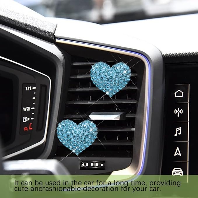 2PCS Bling Heart Air Vent Clips, Heart Car Accessories, Bling Heart Charm Air Conditioning Outlet Clip, Car Decor Air Fresheners Vent Clips Universal Fit for Women and Girls (Lake blue)