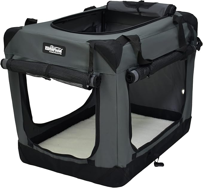 EliteField 4-Door Folding Soft Dog Crate with Curtains, Carrying Bag and Fleece Bed (2 Year Warranty), Indoor & Outdoor Pet Home (36" L x 24" W x 28" H, Gray+4 Door Curtains)