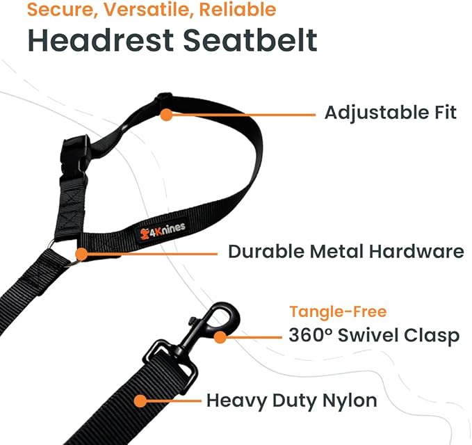 4Knines Headrest Dog Seatbelt – Adjustable Pet Seatbelt Tether for Car Travel with 360° Swivel Hook – Vehicle Safety Restraint for Small, Medium, Large Dogs – Durable & Easy to Install – Black