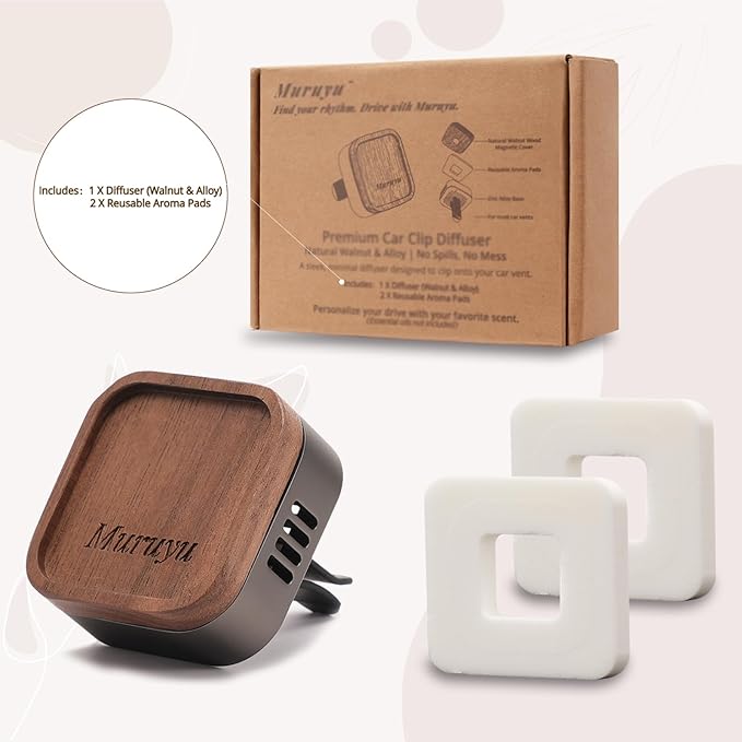 Car Vent Diffuser, Walnut Wood & Zinc Alloy with Magnetic Cover, Refillable Car Air Freshener with 2 Refill Pads (No Essential Oils)