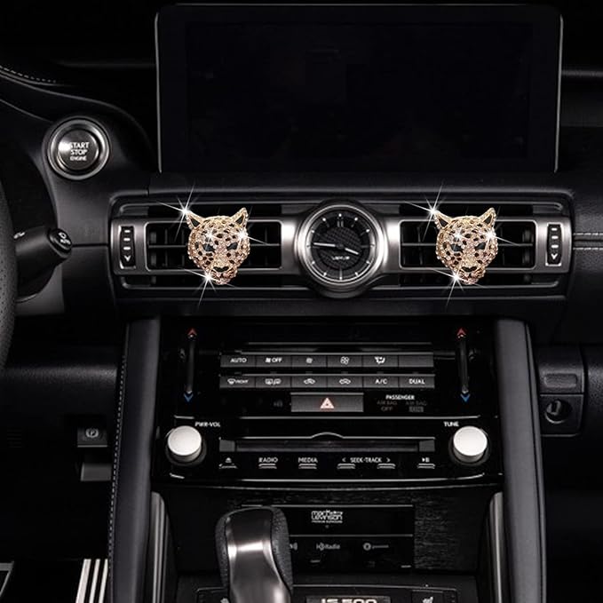 2 Pcs Bling Leopard Air Vent Clips, Crystal Leopard Car Air Fresheners Vent Clips Car Diffuser Vent Clip Rhinestone Decoration Interior Decor Diamond Bling Accessories for Women (Golden)