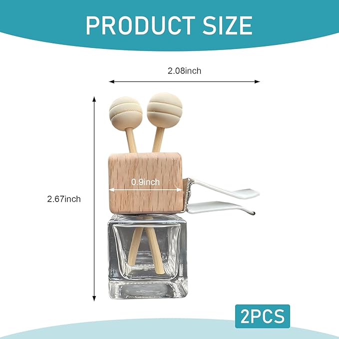 2PCS Car Diffuser Air Freshener Bottle, Auto Air Freshener Vent Clip, Refillable Empty Glass Perfume Bottle Outlet Clips, with Wooden Cap and Stick, Car Conditioning Vent Decoration