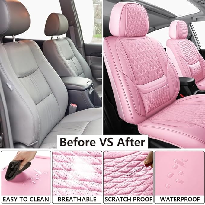 Car Seat Covers Full Set Custom Fit for Ford Focus 2000-2018 - Premium Faux Leather with Lumbar Support | Breathable, Waterproof, Anti-Slip, Durable (Pink,Full Set)