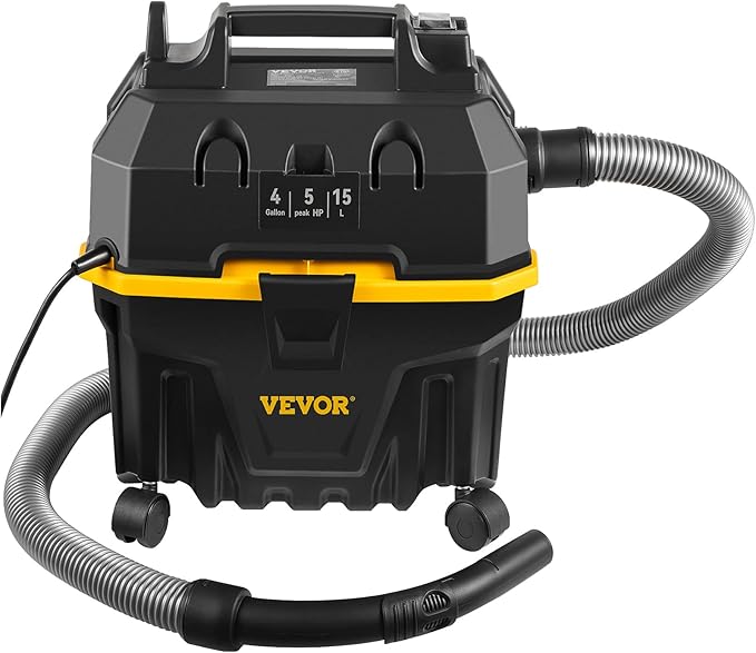 VEVOR 4 Gallon 5.0 Peak HP Wet and Dry Shop Vac， Portable Shop Vacuum and Blower 3-in-1 with Filter, Hose and Attachments for Home and Car Cleaning Black