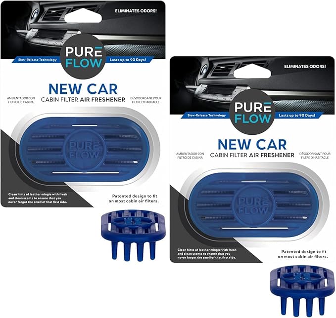Pureflow Cabin Filter Air Freshener with Odor Eliminator – Fits on Most Car, Truck, and SUV Cabin Air Filters - New Car (2 Pack)