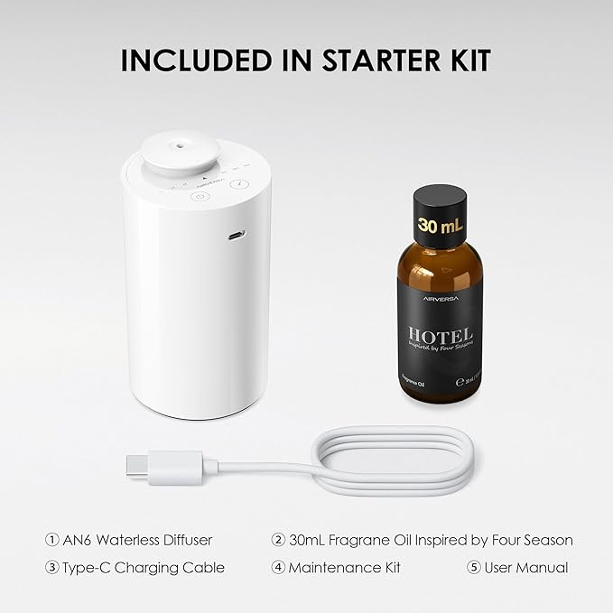 Waterless Essential Oil Diffuser Starter Kit with 30mL Hotel Fragrance Oil Inspired by Four Season, Battery Operated Car Diffuser, Portable Aroma Nebulizer for Home Car Office, AN6Kit-2, White