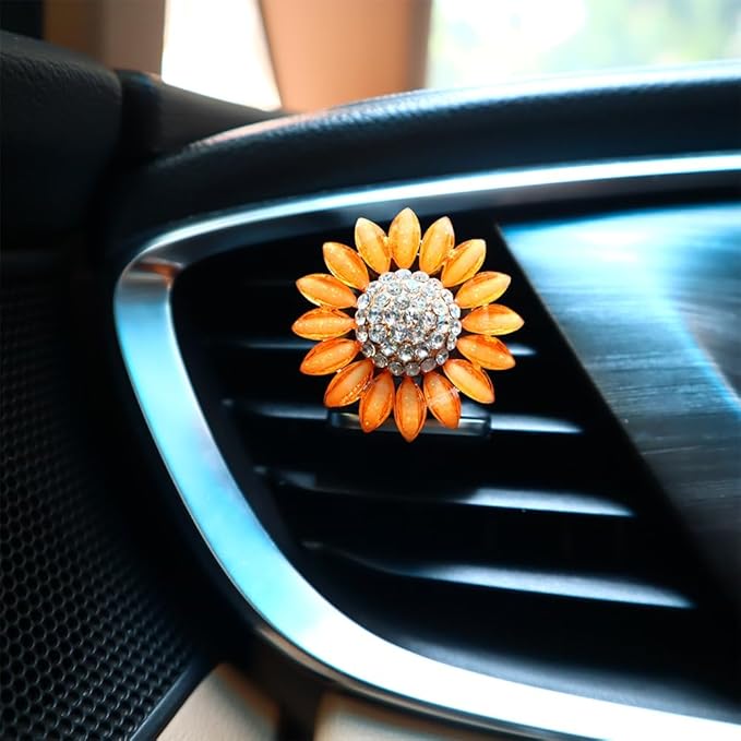 4pcs Sunflower Air Vent Clips Car Air Freshener Bling Sunflower Car Accessories for Women Car Interior Decorations Yellow Beige 2 sizes Refillable Flowers Car Vent Clips