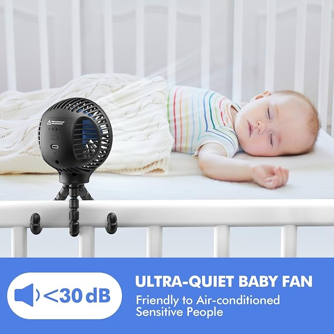 WiHoo Portable Stroller Fan, 11H Ultra-long Battery Life 3 Speed 360°Rotate, USB Rechargeable or Battery Operated Cooling Clip On Personal Fan for Baby Crib Travel Car Seat Black