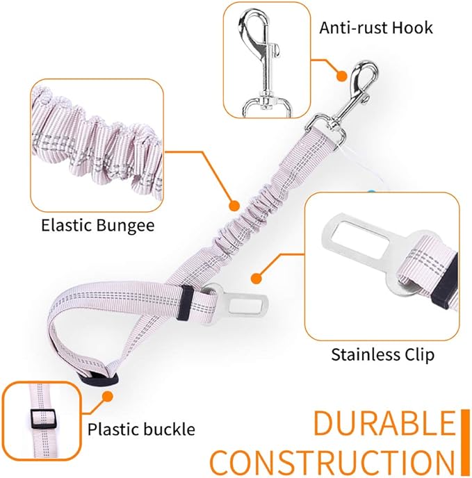 Dog Safety Seat Belt, Quality Polyester Fabric, Adjustable, 360° Spin Stainless Steel Buckle, with Elastic, High Strength, wear-Resistant and Durable, Easy to Install,Easy to wash(Grey)
