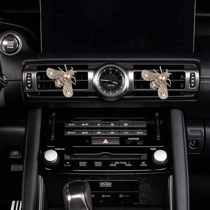 Bling Bee Crystal Car Air Fresheners - Rhinestone Diffuser Vent Clip Charms - Cute Car Decor for Women (Golden)