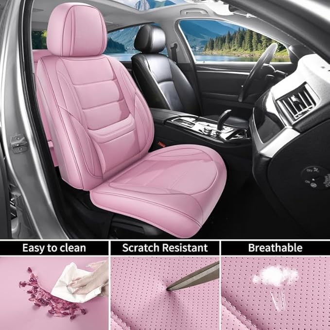 Car Seat Covers Full Set fit for Chevrolet/Chevy HHR 2006-2011 , Premium Faux Leather Waterproof Car Seat Protectors with Lumbar Support, Breathable Anti-Slip Auto Seat Covers Full Set(Pink,Full set)