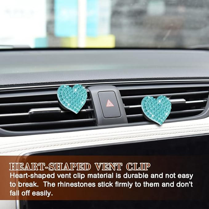 2PCS Heart-Shaped Car Vent Clip with Rhinestone, Car Vent Accessory, Bling Heart Charm Air Conditioning Outlet Clip, Auto Diffuser Air Freshener Charm for Women Girls (Lake Blue, Heart)