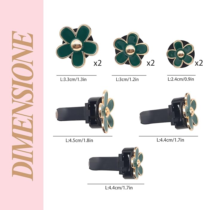 6pcs Green Daisy Flower Car Air Freshener Vent Clips,3 Sizes Sparkle Dark Green Flowers Car Vent Clips,Women Girly Car Air Freshener,Cute Flowers Car Accessories,Refillable Car Diffuser