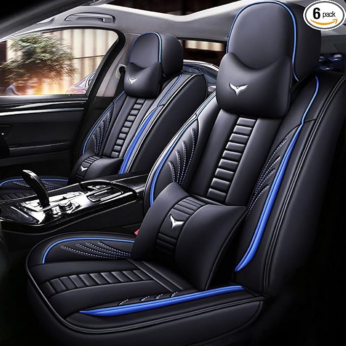 for Toyota RAV4 2008-2025 Car Seat Covers, Full Coverage Customized Seat Covers Premium Leather Waterproof Stain-Resistant Easy to Install (Front Set with Pillows, Black&Blue)