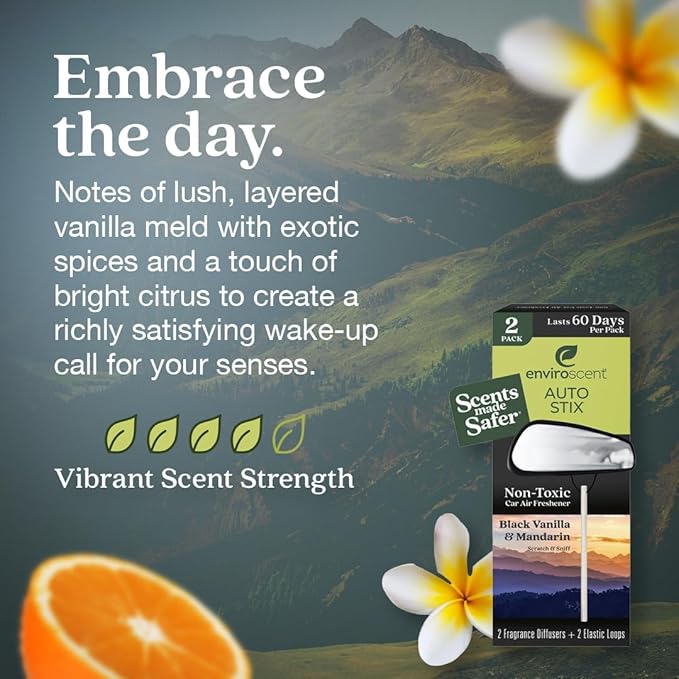 Enviroscent Non-Toxic* Car Air Freshener Auto Stix® - Scents Made Safer - Enjoy Fragrance Lasts Up to 480 Days - Includes Auto Stix® Diffusers & Elastic Loops - Black Vanilla & Mandarin (Pack of 8)