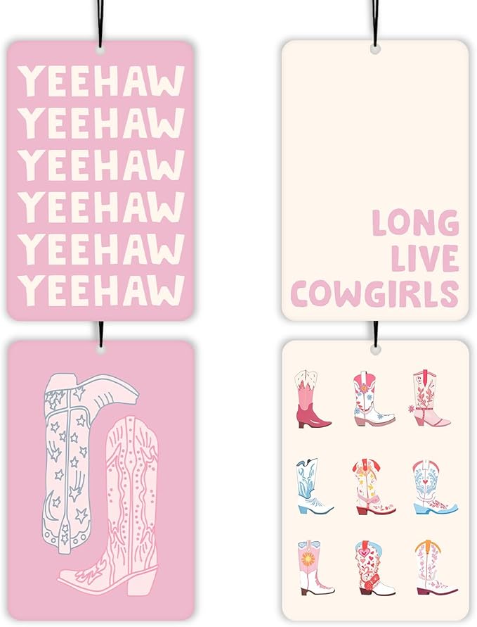 Preppy Pink Western Cowgirl Lavender Car Air Freshener 4 Pcs, Girly Floral Cowgirl Boots Air Freshener Hanging Decor for Cars Closet Drawer Books, Cute Areadeodorizer Gifts for Women Girls