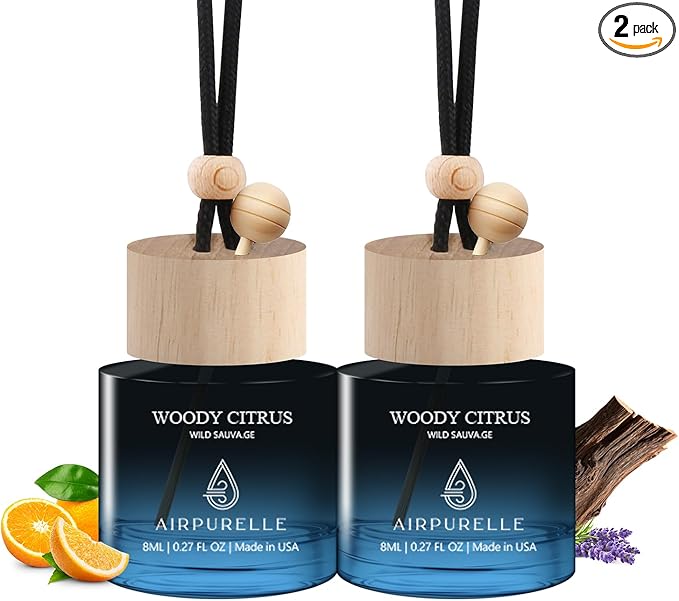 Car Air Fresheners (Woody Citrus) 2 Pack - Air Fresheners for Car Made in USA, Hanging Car Air Freshner with Anti-Leak Stick, Car Freshners Long Lasting (0.27 FL OZ x2)