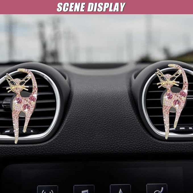 2PCS Car Vent Clips, Bling Cat Air Conditioning Outlet Clip, Crystal Rhinestone Auto Diffuser Perfume Clip, Cute Car Accessories for Women, Vehicle Interior Decoration (Pink)
