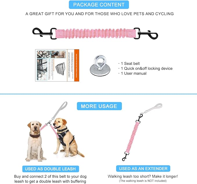 Retractable Bicycle Dog Seatbelt, Elastic Pet Safety Leash Harness for Cat, Dog Leash Extension Attachment Shock Absorbing Lead Extension Absorber (Pink)