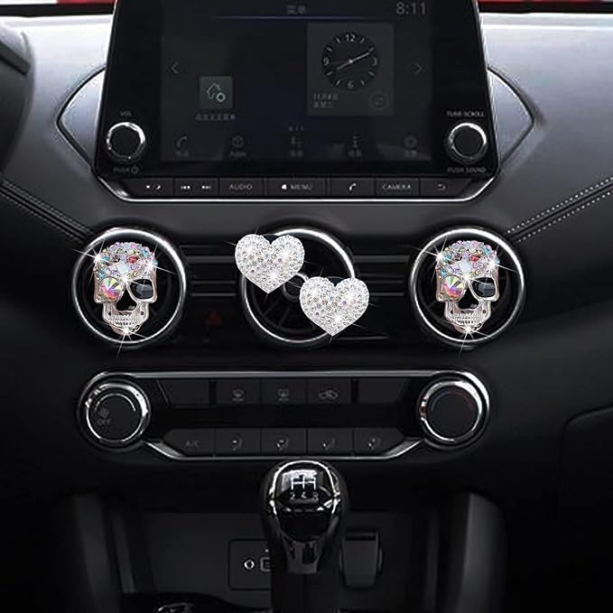 4 Pcs Crystal Skull Car Air Fresheners Vent Clips, Rhinestone Diamond Car Decoration, Silver