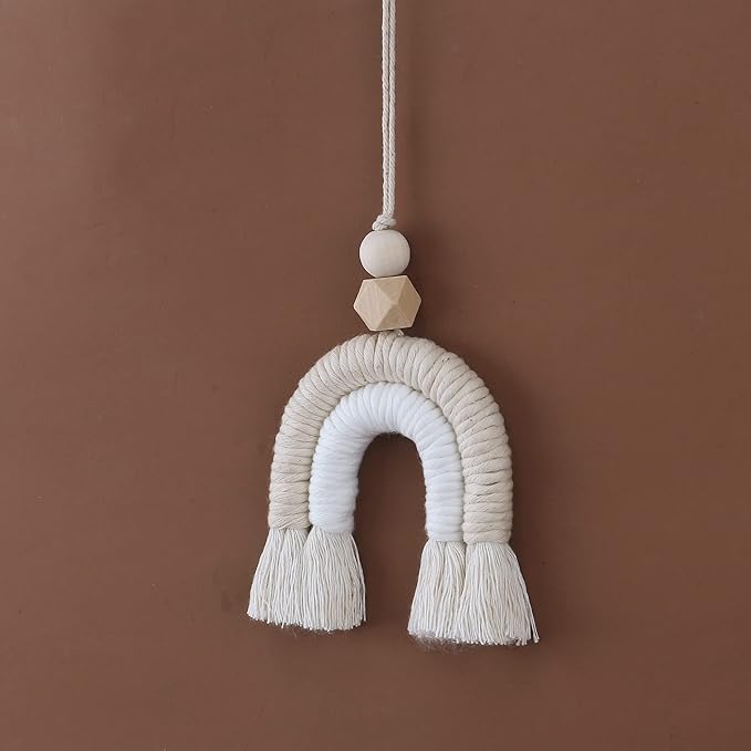 Macrame Rainbow Charm Boho Felt Ball Wood Bead Essential Oils Diffuser Interior Decor Handmade Car Accessories Colorful Hanging Air Freshener Decor(Beige)