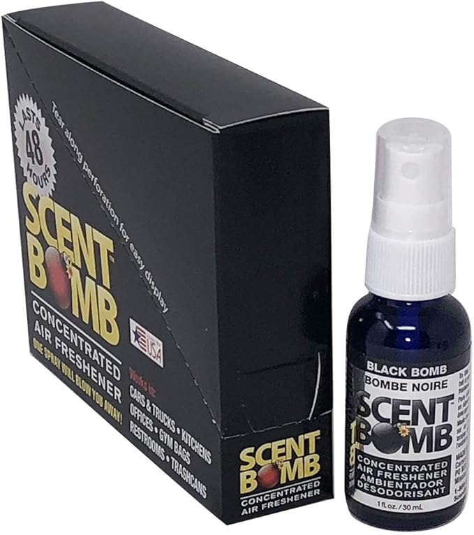 Scent Bomb Air Freshener Bundle - 1 oz & 8 oz Bottle Sprays, Vent Clip, Organic Cans, Hanging Circle - Continuous Freshness & Long-Lasting Odor Eliminator for Car, Home, Bathroom - Black Bomb