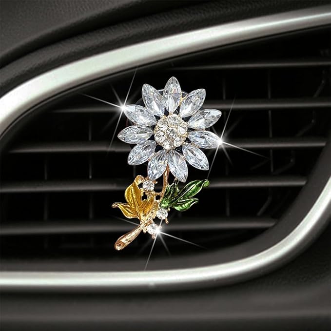 Bling Sunflower Air Vent Clips, Sunflower Car Air Fresheners Vent Clips Car Diffuser Diamond Car Decoration Rhinestone Car Interior Decor (White)