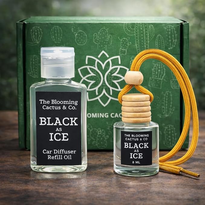 Car Air Freshener with 30ml Refill – Hanging Car Diffuser Oil, Long-Lasting Phthalate-Free Scent – Hanging Car Air Freshener + Refill. (Black Ice (Type), 8 ml)