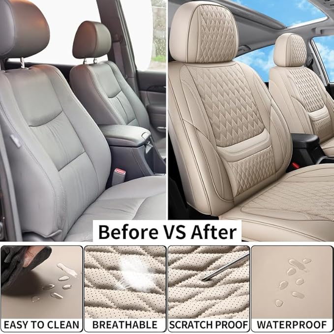 Car Seat Covers Full Set Custom Fit for Ford Focus 2000-2018 - Premium Faux Leather with Lumbar Support | Breathable, Waterproof, Anti-Slip, Durable (Beige,Full Set)