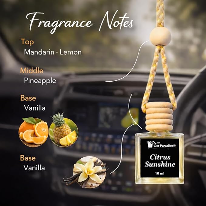 Car Freshener Set with Wooden Lid, Hanging Air Freshener for Car Mirror, Multi-Use Home and Auto Fragrance Diffuser, 10ml Bottles, 3 Pack (Citrus Sunshine)