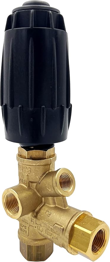 Annovi Reverberi VRT3R-310 Unloader, Black Spring, 4500 PSI, 10.5 GPM, Adjustment Knob, Pressure Gauge Inlet, Brass
