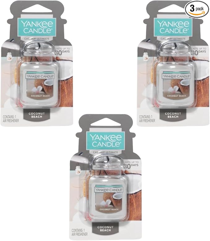 Yankee Candle Car Jar Ultimate, Coconut Beach, Hanging Automotive Air Freshener Odor Neutralizer for Long Lasting Tropical Scent in Vehicles and Small Spaces, 0.96 Ounce (Pack of 3)