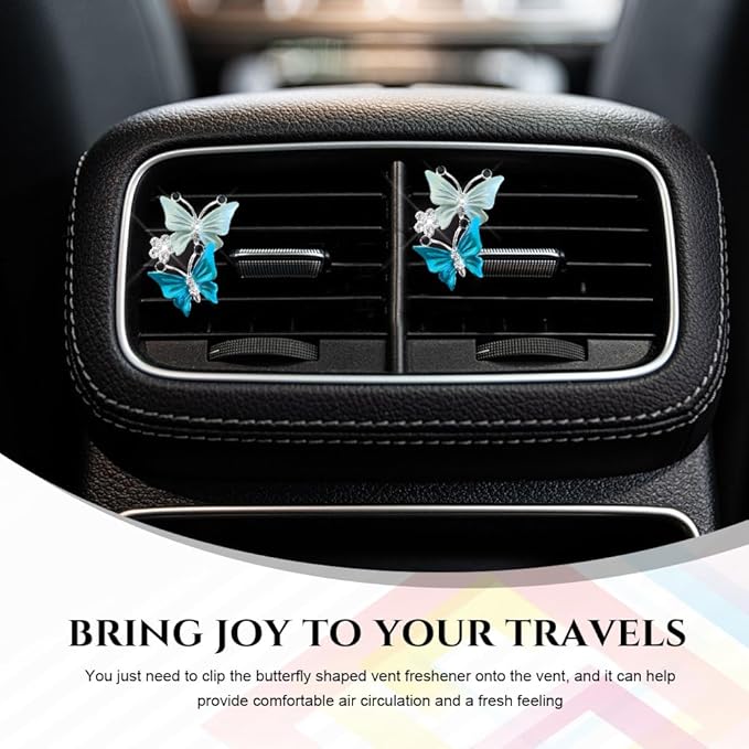 2PCS Car Air Vent Clips, Dual Butterfly Diamond Car Air Conditioner Outlet Vent Clip, Cute Car Diffuser Perfume Clip, Car Air Freshener Decor Accessories for Women Girl (Blue, Style 1)