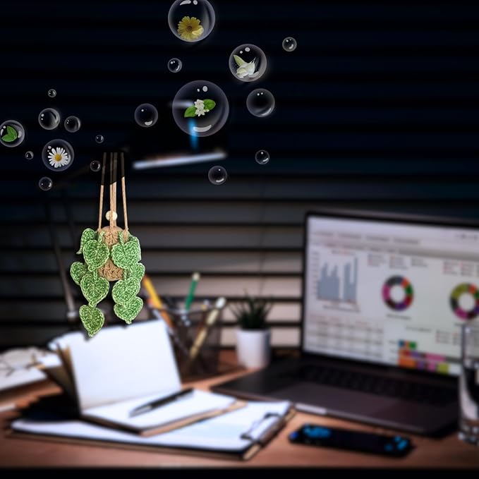 Handmade Crochet Hanging Car Air Freshener- Lifelike Green Pothos for Hanging with 12ml Thick Refillable Glass Diffuser Bottle, Suitable Decor for Car Rearview Mirror, Home & Wellness Spaces