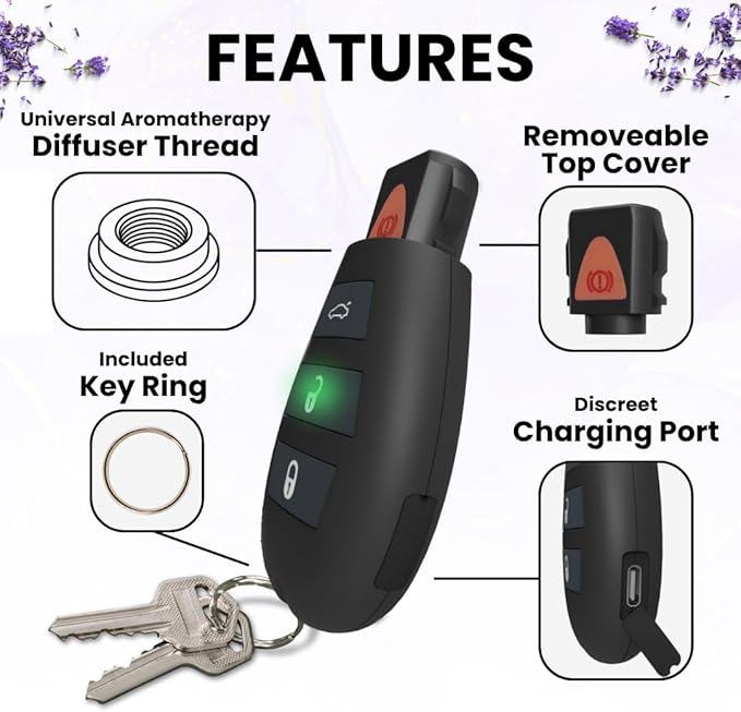 Discreet Car Key Aromatherapy Battery with Soft Touch Finish, Universal Thread Diffuser for On-the-Go Relaxation, Rechargeable Keychain Wellness Tool, Great Gift for Birthday, Holiday, or Everyday Use