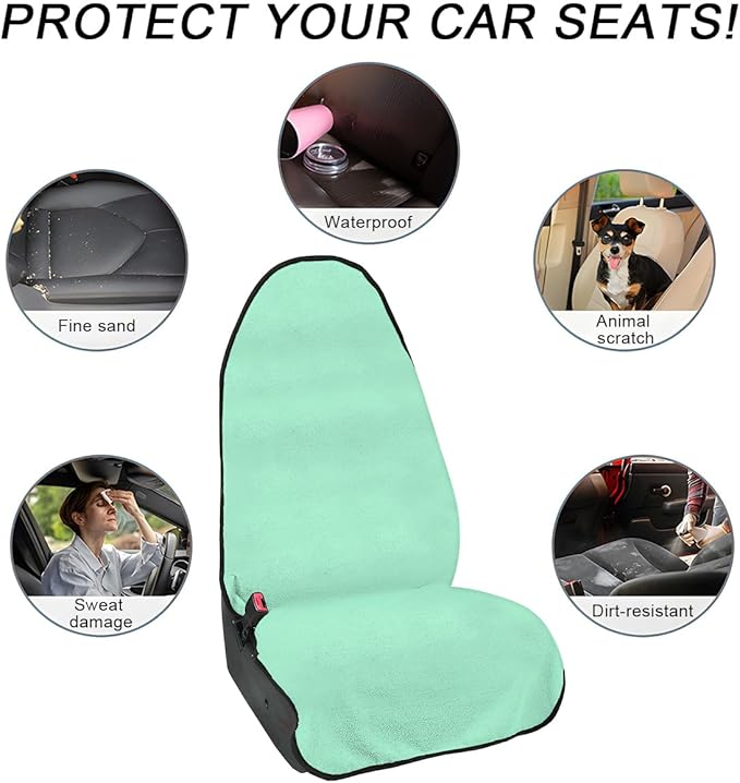 2PCS Car Towel Seat Cover, Waterproof Sweating Non-Slip Premium Soft Towel Carseat Protector, Universal Machine Washable Car Truck SUV Front Seat Cover for Gym Workout Beach Hiking (Mint Green)