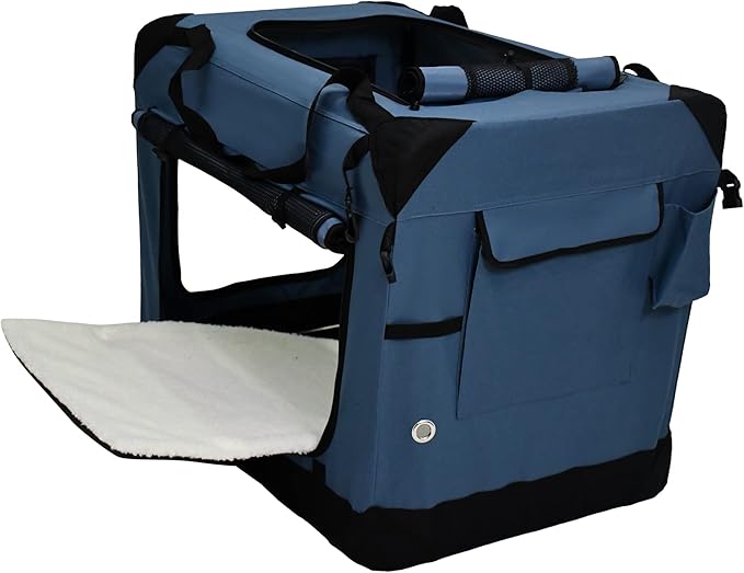 EliteField 4-Door Folding Soft Dog Crate with Curtains, Carrying Bag and Fleece Bed (2 Year Warranty), Indoor & Outdoor Pet Home (30" L x 21" W x 24" H, Blue Gray+4 Door Curtains)