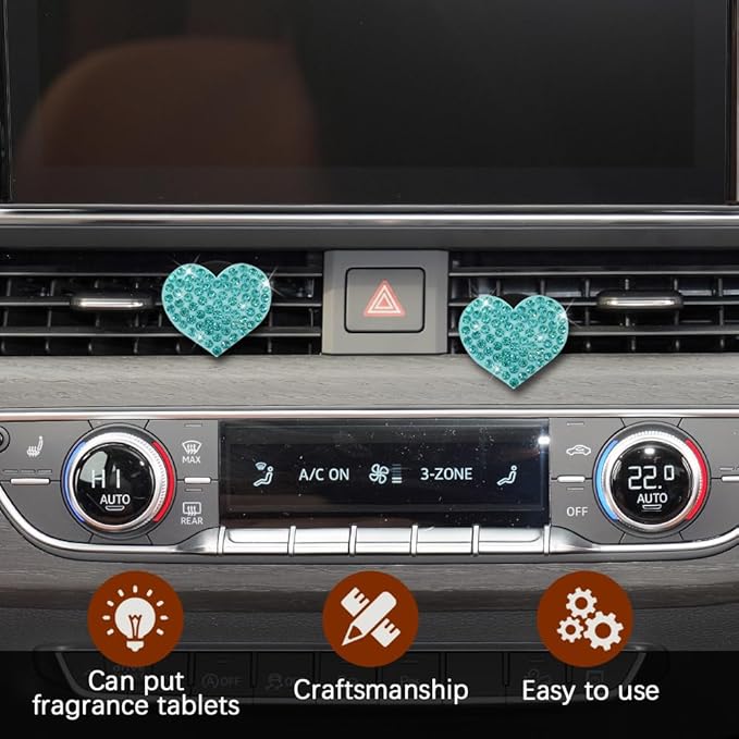2PCS Heart-Shaped Car Vent Clip with Rhinestone, Car Vent Accessory, Bling Heart Charm Air Conditioning Outlet Clip, Auto Diffuser Air Freshener Charm for Women Girls (Lake Blue, Heart)