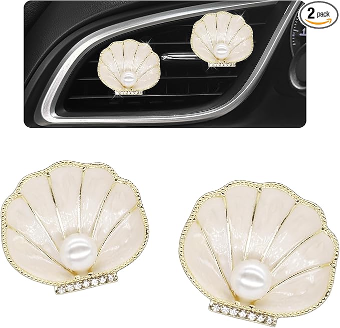 Beach Decor,2pcs Seashell Air Vent Clips Car Air Freshener,Beige Scallop Ocean Car Interior Decor Diffuser for Women Mom