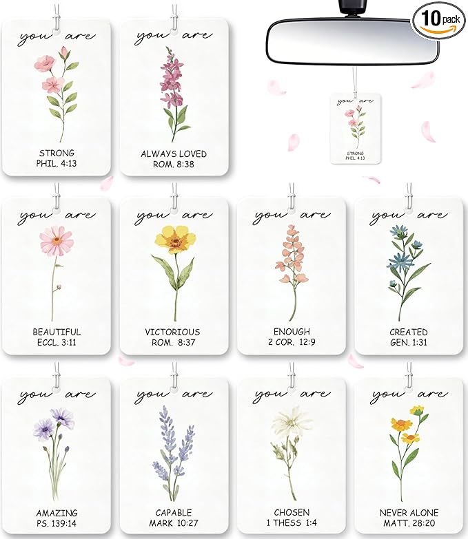 10PCS Christian Car Air Fresheners – Inspirational Floral Bible Verse Christian Car Accessories for Women – Car Mirror Hanging Accessories, Christian Gifts, Religious Gifts for Women