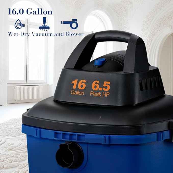Koblenz Wet Dry Vacuum Cleaner, Large 16.0 Gallon Tank, 6.5 HP Powerful Vacuum for Dry and Wet Messes, Vacuum Cleaner and Blower with Drain Plug, Accessories Included, Black+Blue (WD-16 L4)