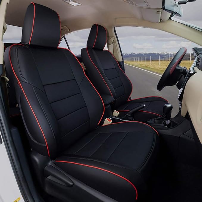 EKR Rav4 Seat Covers Custom Fit for Toyota Rav4 LE(NOT for Hybrid) 2013 2014 2015 2016 2017 2018,Leather Car Seat Cover for Trucks SUV Full Set,Faux Leather(Black with Red Trim)