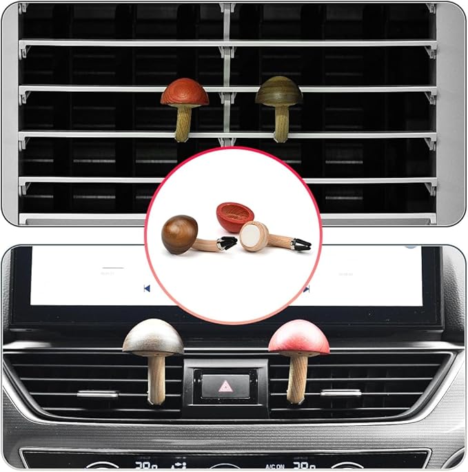 JSCARLIFE Natural Wood Mushroom Car Air Freshener for Air Vent - Premium Ash Wood & Black Walnut, Natural Scents (Lemon/Lavender/Vanilla), 2PCS Set - Chemical-Free, Long-Lasting Fragrance