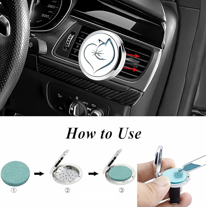 Essential Oil Car Diffuser Vent Clips (Oil Not Included) Stainless Steel Love Cat Car Accessories for Women with 10 Felt Pads