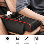 Car Armrest Cushion, 5-in-1 Nappa Leather Vehicle Centre Console Cover with 2 Storage Pockets, Cup Phone & Phone Holder, Multifunctional Auto Organiser Accessories, Universal Fit (Black/Red)